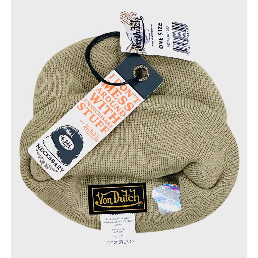 Von Dutch Embroidered Taupe Khaki Skull Beanie - Picture 5 of 6